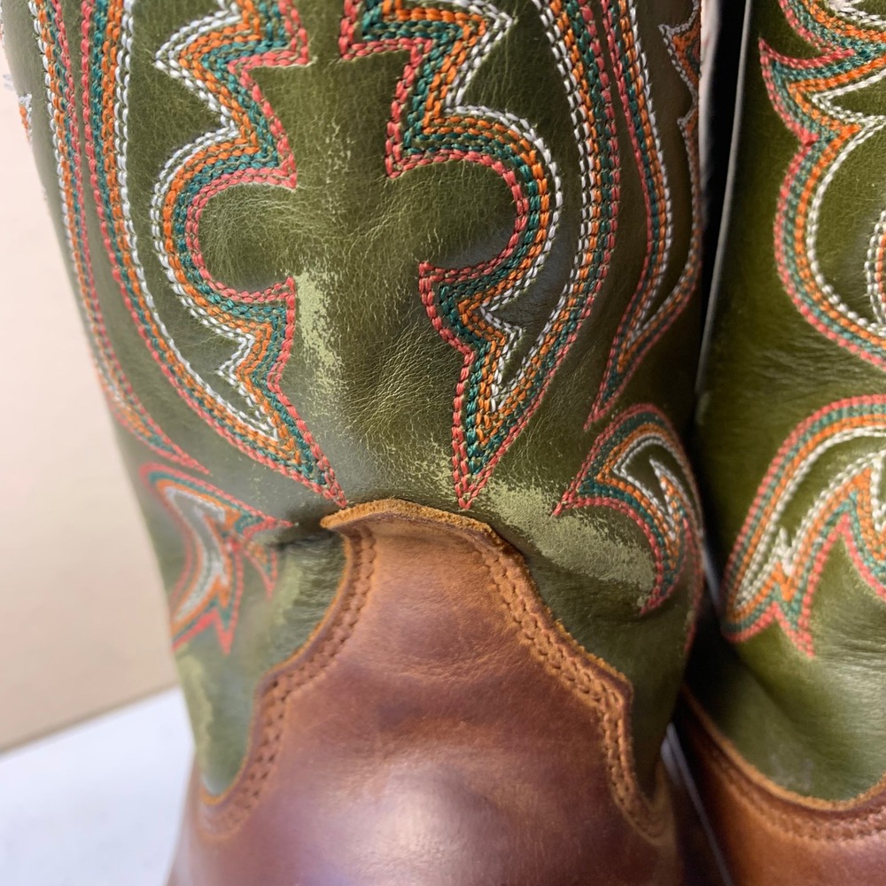 Justin 6.5D Bent Rail BR307 Cowboy Boots Brown Green 11" Square Toe USA Made - Picture 13 of 16